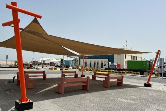 Tensile shade structures and seating installed at APM Terminals, Khalifa Bin Salman Port, Hidd